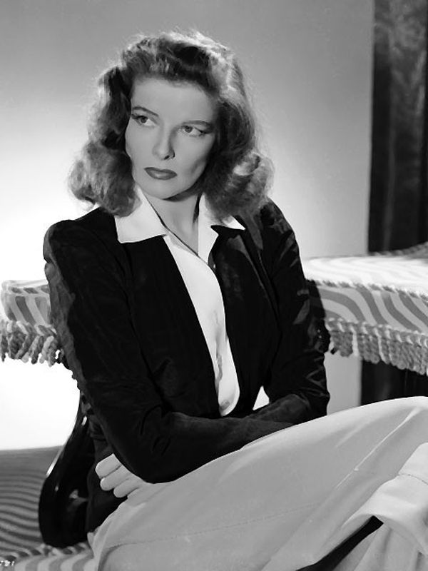 Katharine Hepburn in tailored jacket and trousers
