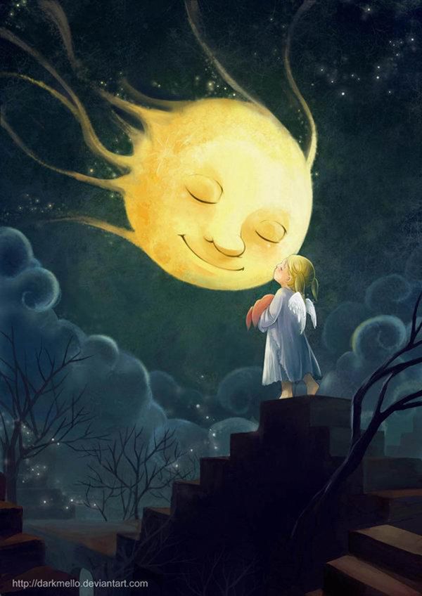 Child thanking the moon in a night sky illustration by Melani Sie