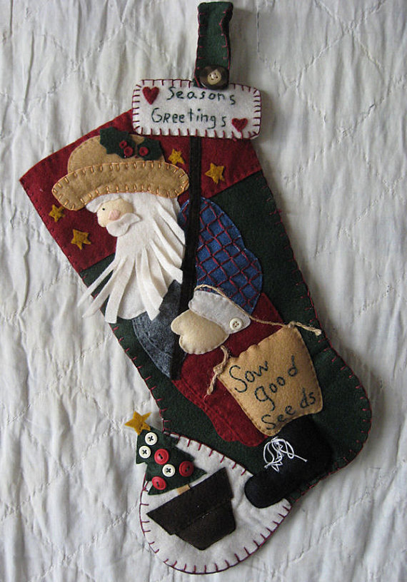 Felt and Embroidered Prim Santa Claus Stocking