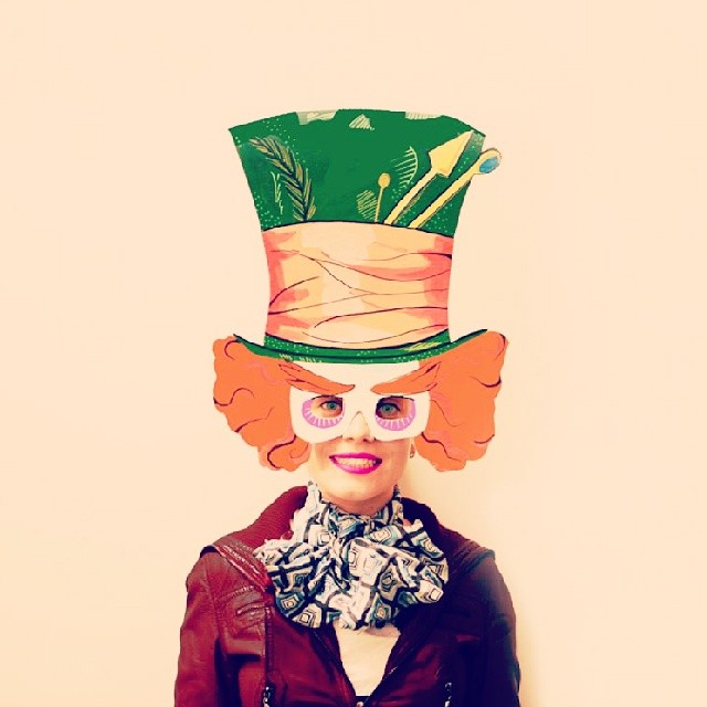 Mad Hatter cardboard hat and mask with orange hair