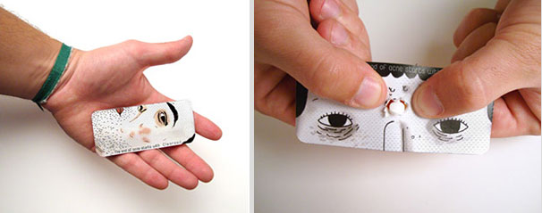 Clearasil blister pack designed so pills pop through illustrated acne spots