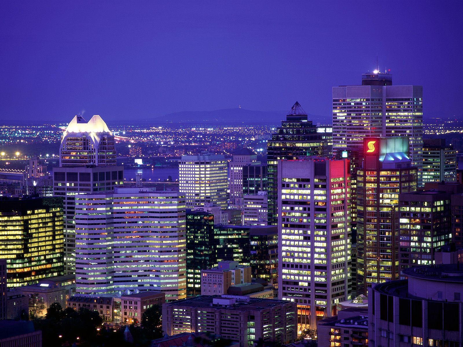 Montreal night skyline with illuminated buildings