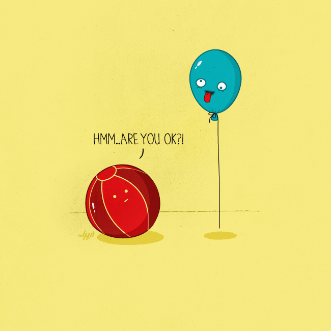 Grounded ball asking a floating balloon if it is okay