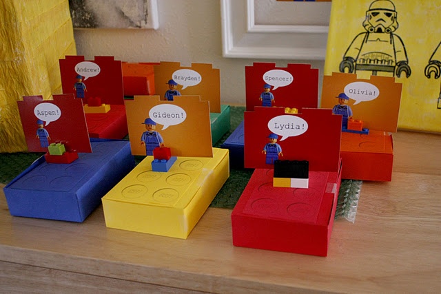 Personalized LEGO brick favor boxes with guest name cards