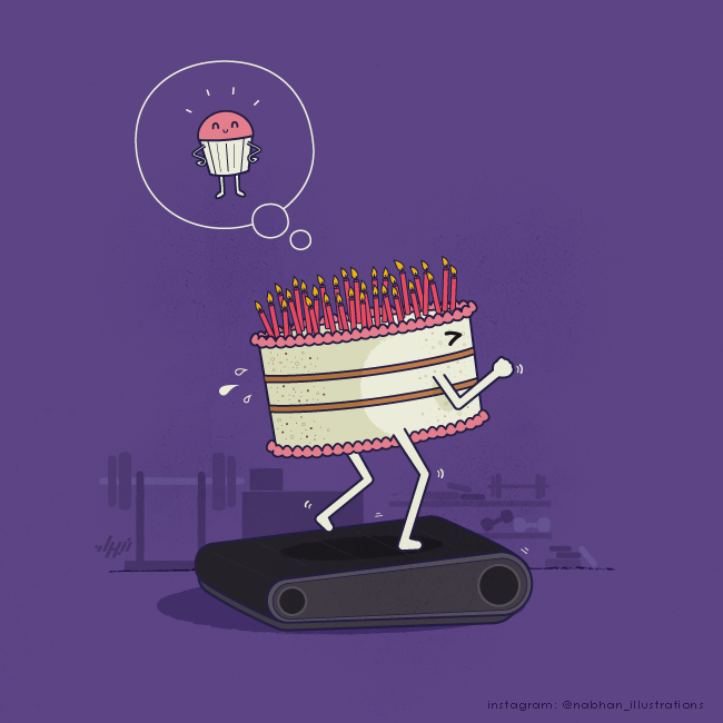 Cake running on treadmill dreaming of being a cupcake