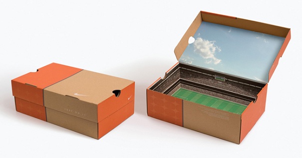 Nike shoebox that opens into a miniature soccer stadium interior