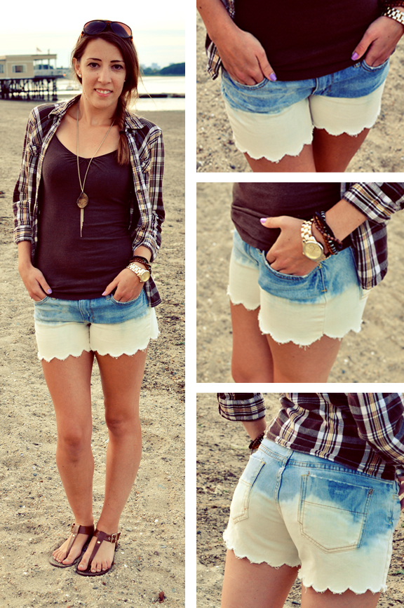 Bleach-dipped scalloped hem shorts