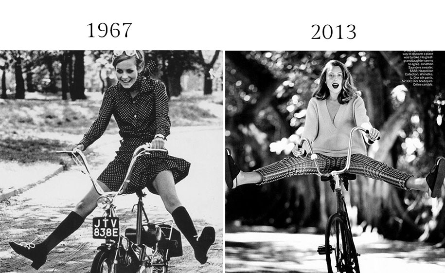 Historical fashion photograph next to contemporary editorial homage