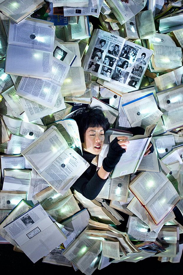 Close view of illuminated discarded books
