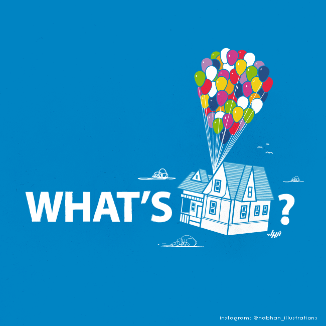 Visual pun of What's Up with the floating house from the film Up