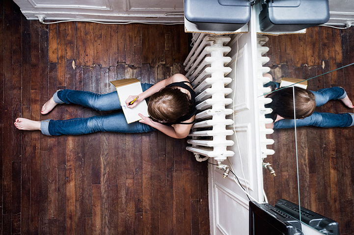 Domestic scene photographed from ceiling height