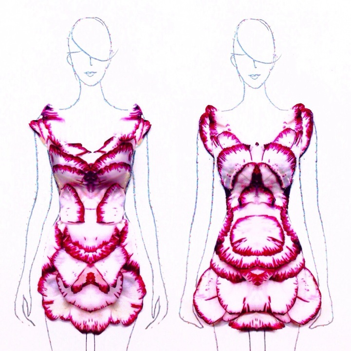 Flower petal couture gown on illustrated figure