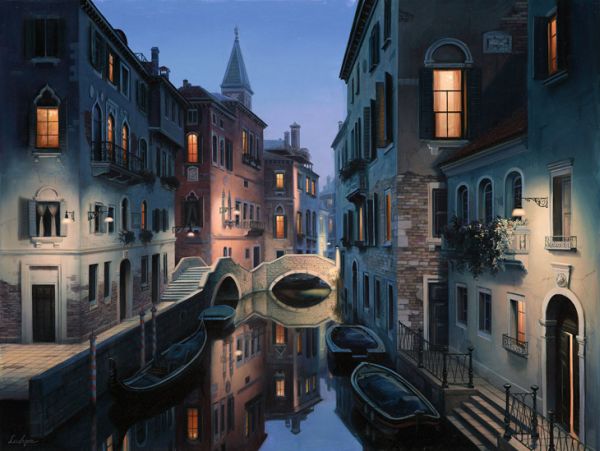 Evening-Journey-Evgeny-Lushpin09 Venetian canal with gondolas, footbridge, and church tower by Evgeny Lushpin