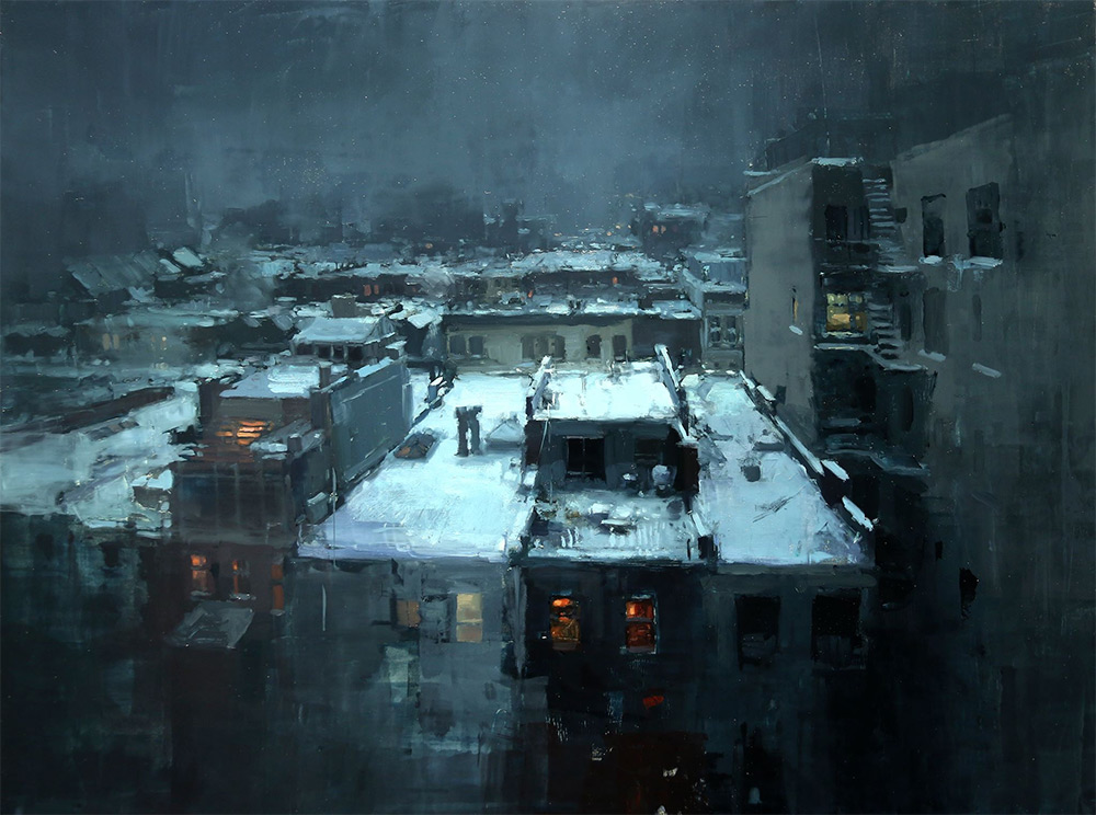 Atmospheric cityscape by Jeremy Mann with wet streets and lights