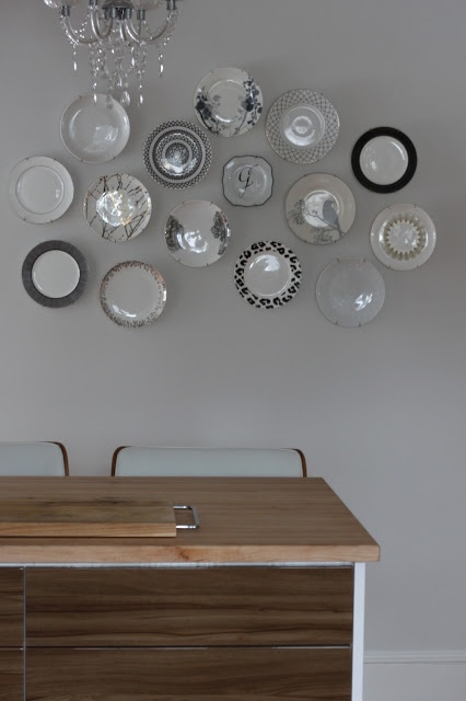 Compact plate cluster on a painted wall