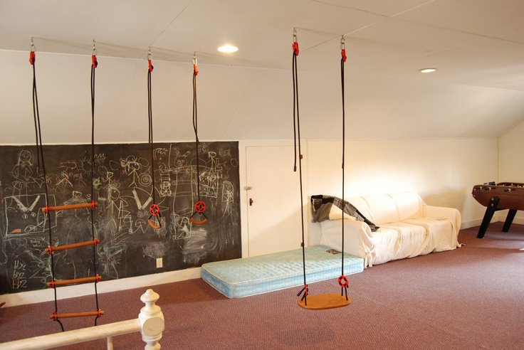 Basement playroom seating and toys