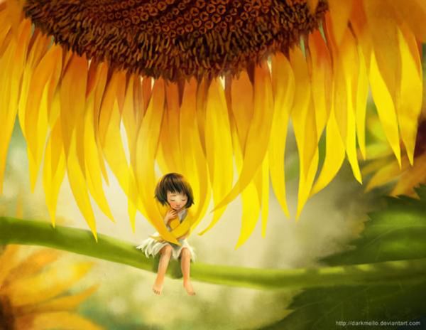 Tiny girl resting under the petals of a giant sunflower