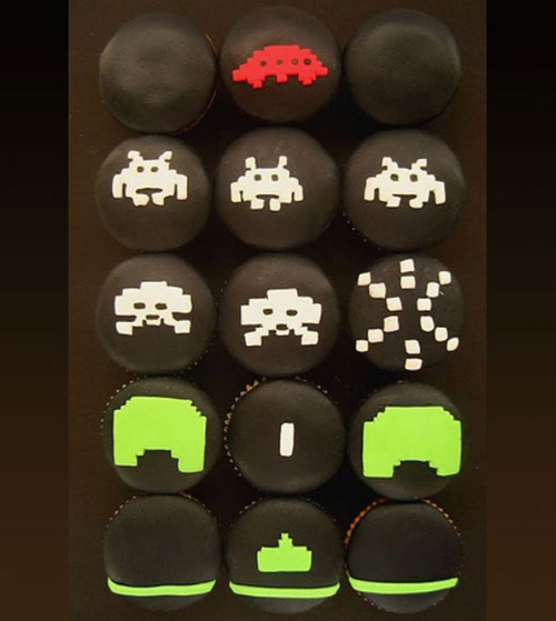 Space Invaders pixel art cupcakes arranged like a game screen