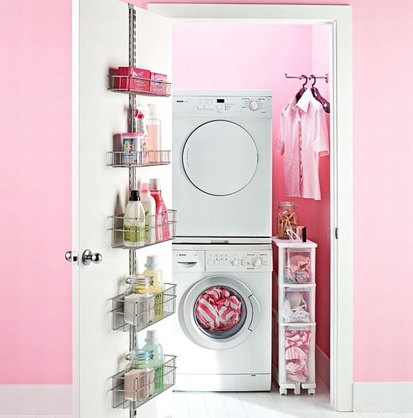 Compact laundry layout with vertical storage