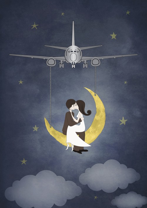 Couple on a crescent moon suspended under an airplane