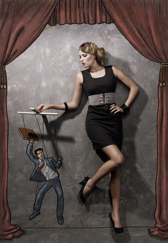 Woman as glamorous puppeteer controlling an illustrated angry businessman marionette
