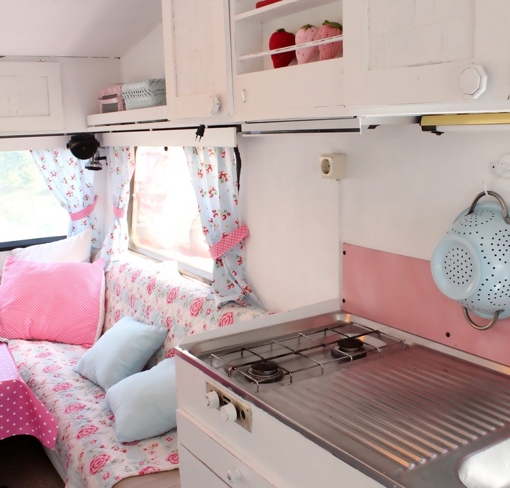 Bright dreamy caravan interior with windows