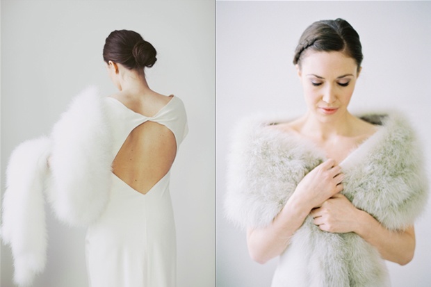Soft shrug over a sleeveless wedding dress