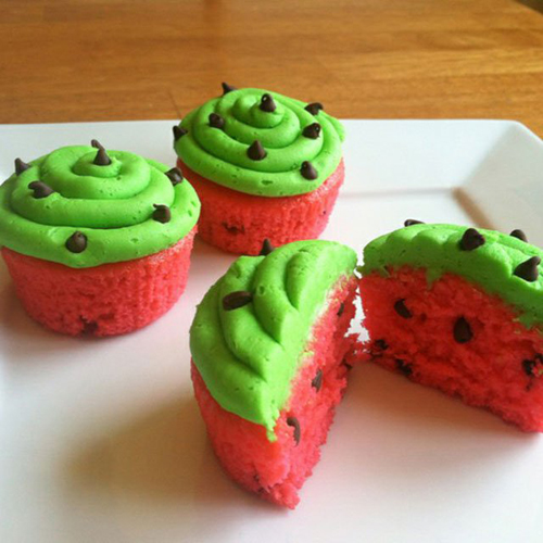 Watermelon cupcakes with pink crumb and green frosting