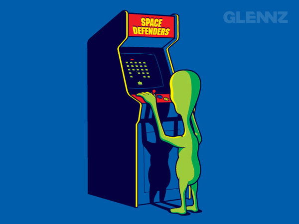 Glenn Jones Glennz alien playing Space Defenders arcade game