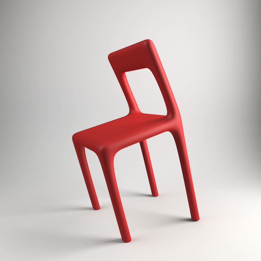 Red chair balanced on rear legs