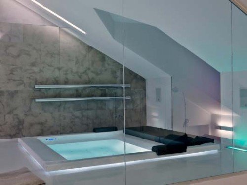 Wide view of finished attic bathroom